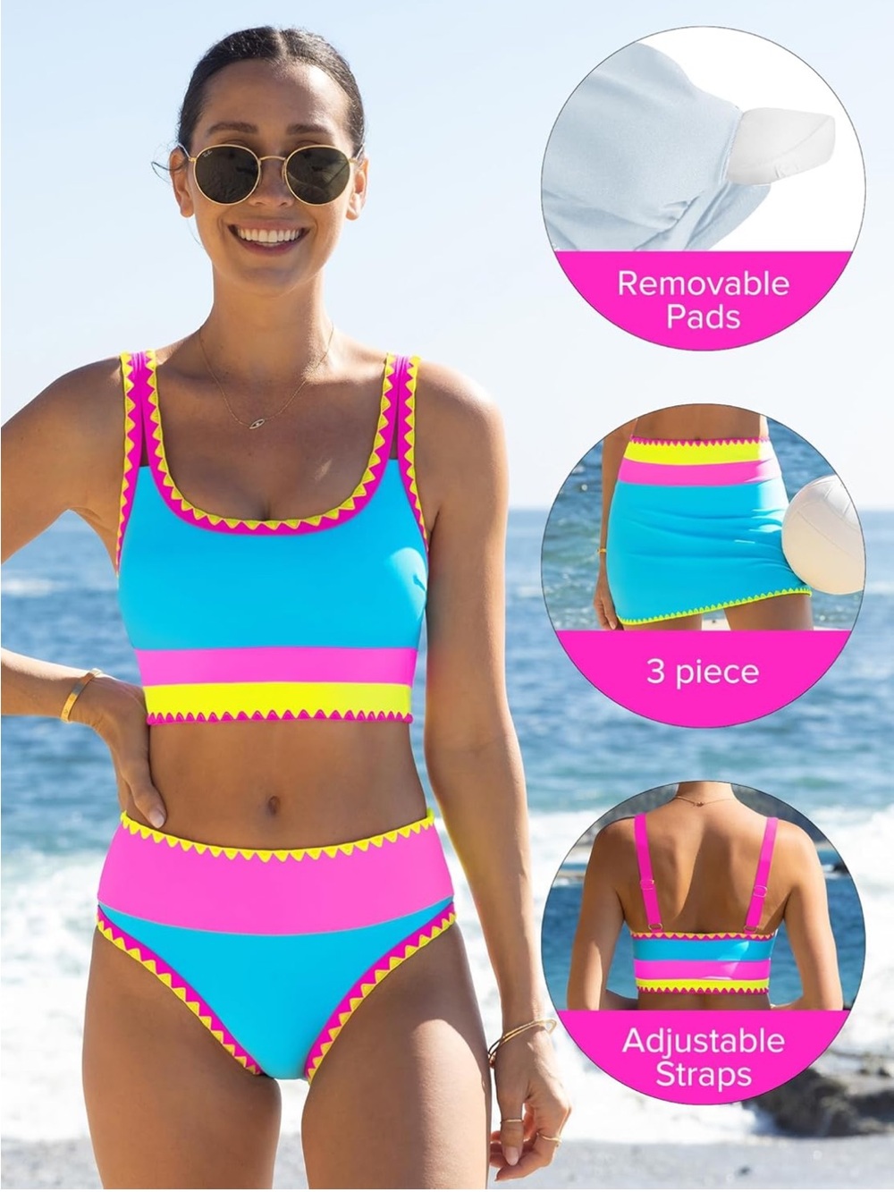 Popvil Colorblock Tank Bikini Set with Zigzag Trim